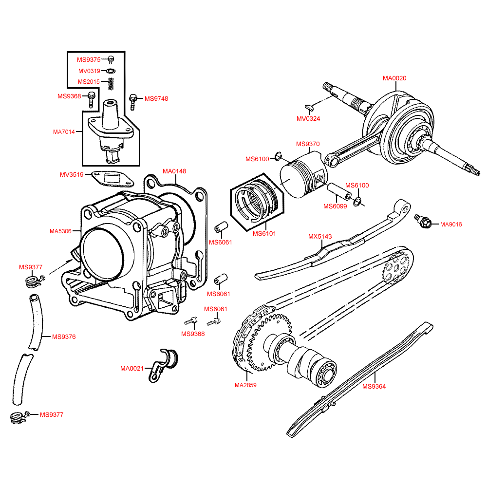 E03 cylinder, piston and crankshaft